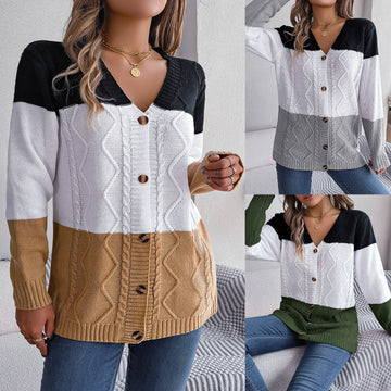 Luxeo Fashion Casual Contrast Color Button Long Sleeve Sweater